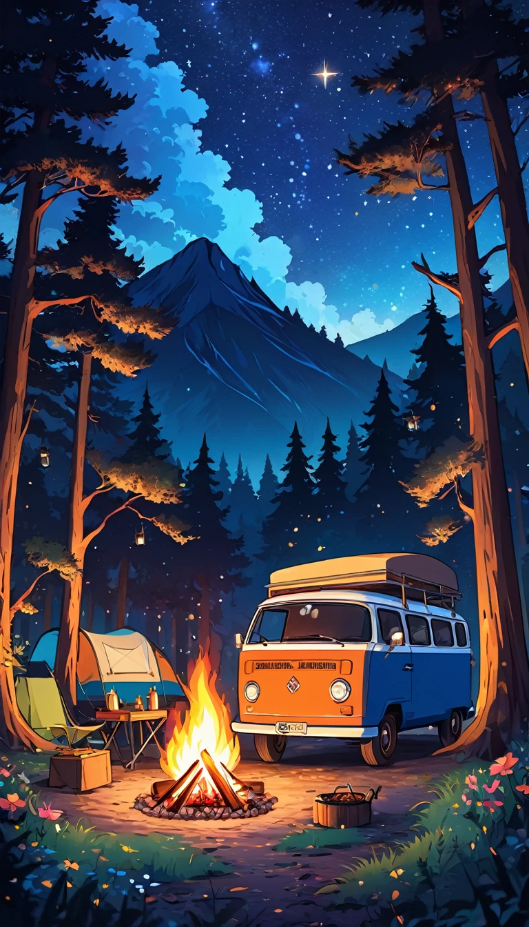 Draw a lofi anime poster style scene of dark blue van in the forest, fairy decoration, camp fire, BBQ, starry night, moutain background , forest, natta, beautiful color palette, vibrant saturated colors, work of art, cinematic cloudy sky, no human, dark night theme