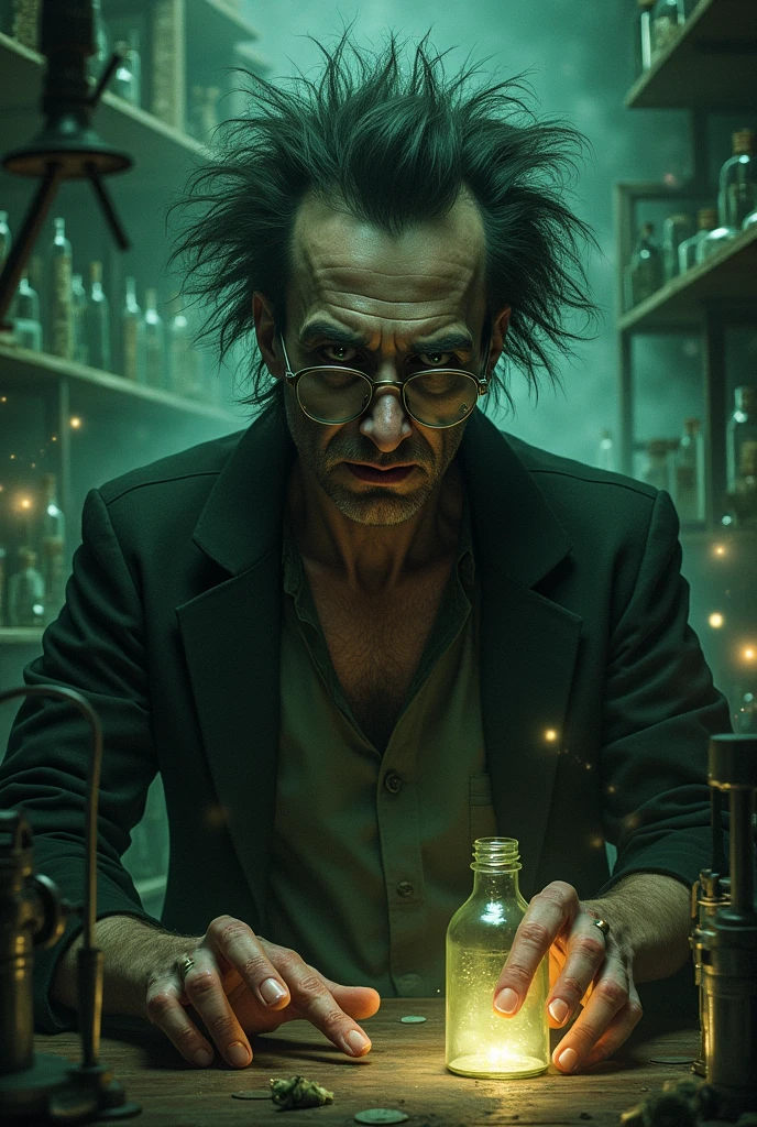 Create an image of a creepy mad scientist wearing round glasses that cover his eye.