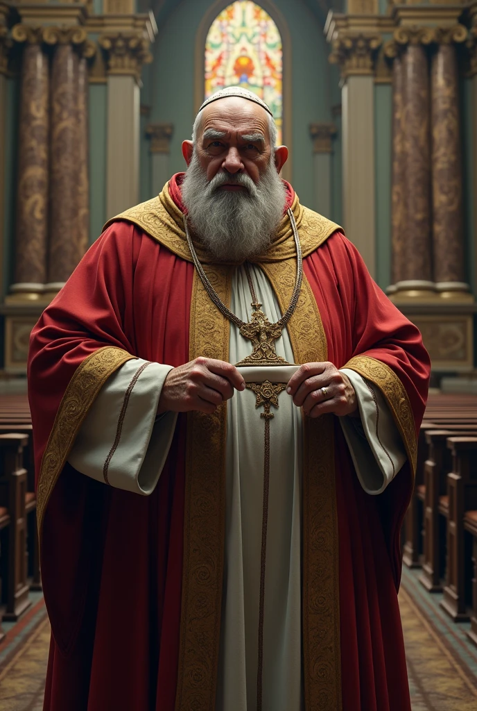 (photorealism:1.2), old man, big, priest, roman church, biretta, blindhold