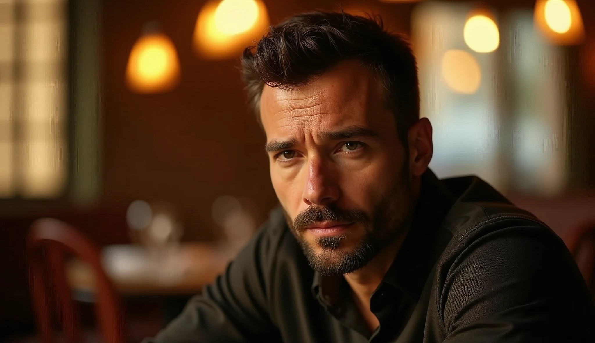 Create a professional real photo of a man sitting in a restaurant with warm, soft lighting in the style of a golden sunset. He should have short dark hair, neatly combed, and a sparse beard evenly distributed across his face, with a serious, thoughtful expression. The focus should be on his face and eyes, which are slightly off-center and aligned with the top third of the image. The light should enter from the side, creating a soft contrast between light and shadow, highlighting the angular features of the face and adding depth with subtle shadows. The background should be blurred, creating a soft bokeh with indistinct details that suggest the presence of tables and chairs. The color palette should be dominated by warm tones of gold, orange and brown, with an emphasis on a warm, introspective atmosphere. Depth of field should be shallow, isolating the subject from the background, and sharpness should be maximum in the face and eyes, while the rest of the image is blurred. The composition should follow the rule of thirds, with the camera positioned slightly below the man's eye line to create a slight sense of elevation. The image should be of high resolution and professional photographic quality, with attention to detail and realism.