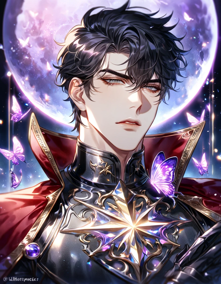 absurdres, highres, ultra detailed, HDR) master piece, best quality, extremely detailed, delicated features, Yoo Joonghyuk, black hair, expressive gray eyes, Omniscient Reader's Viewpoint, solo, sexy man, handsome, sensual, red cape, black armor, knight, black gauntlets, fantasy, magical, glittering, shining, purple flames, purple moon, purple flowers, purple butterflies