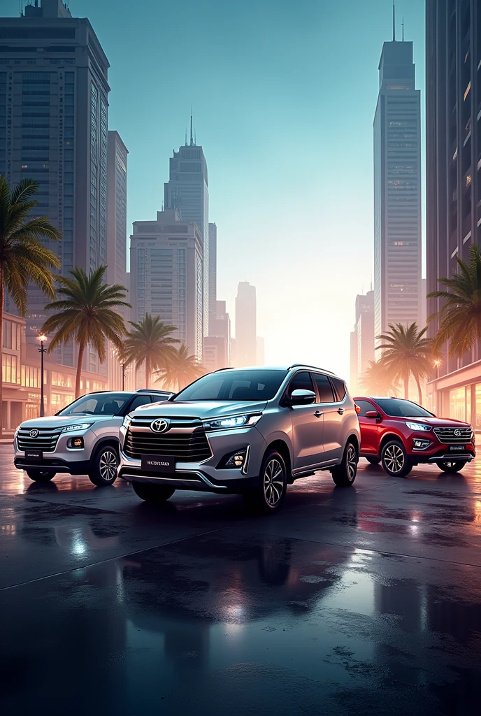 Toyota innova, Hyundai I20, Nissan patrol. Create these cars in one frame