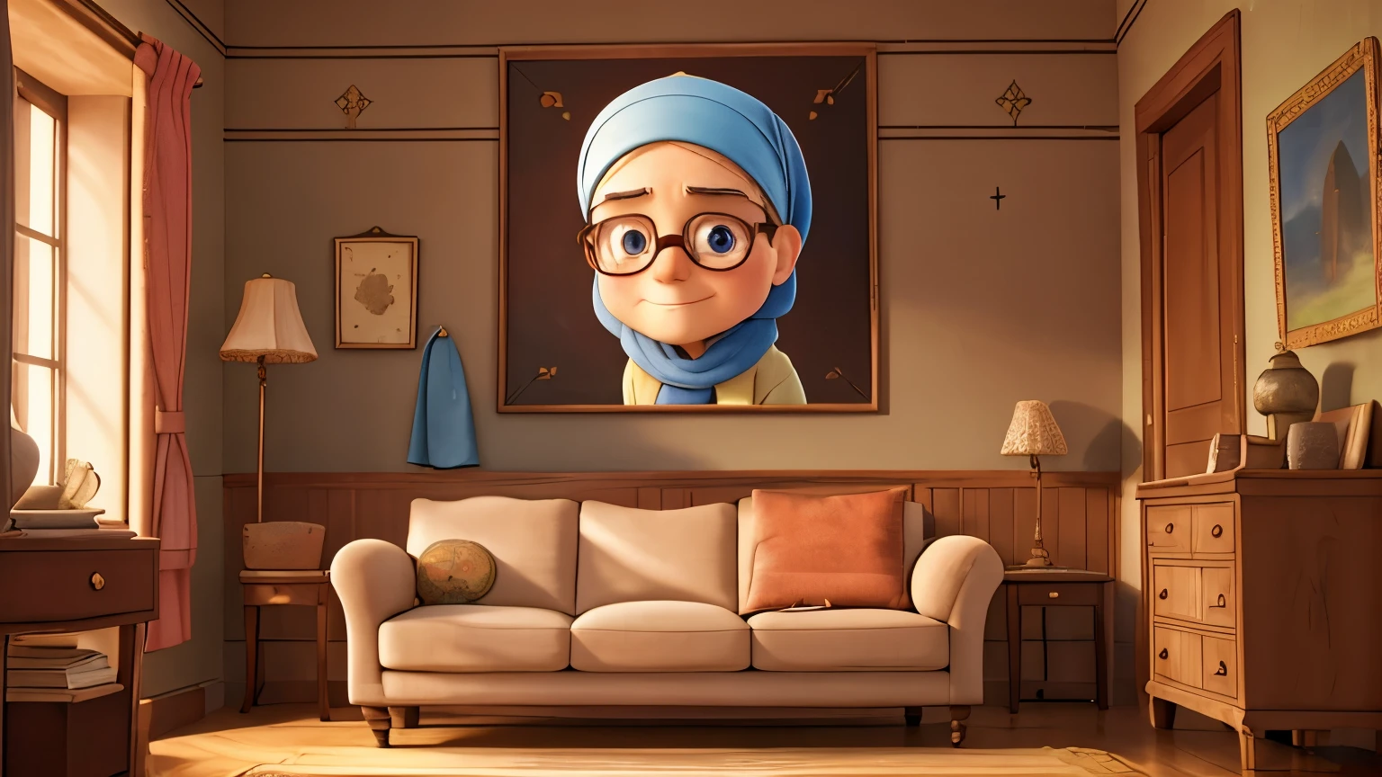 work of art, best qualityer, room of the house of an old woman with glasses and a headscarf, focusing on the side where the sofa is