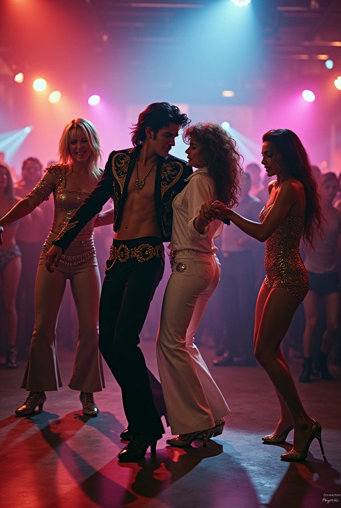 kurt cobain, Elvis, tina Turner and Janis Joplin dancing in a nightclub