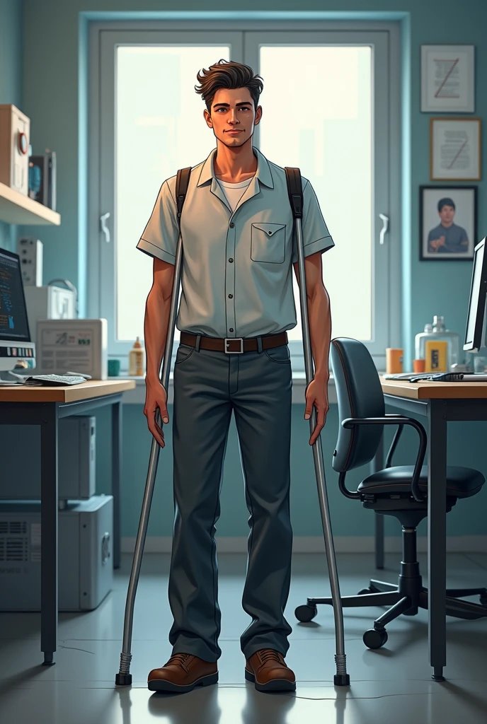 A young man with a crutch, average age 28, that she be a triguena test engineer without a beard