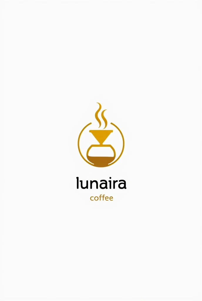 filter coffee flat bottom, dripper, steam, logo, dripper, only dripper, coffee shop logo, yellow outline only, logo, coffee shop logo, white background, with text "( lunaira coffee )"