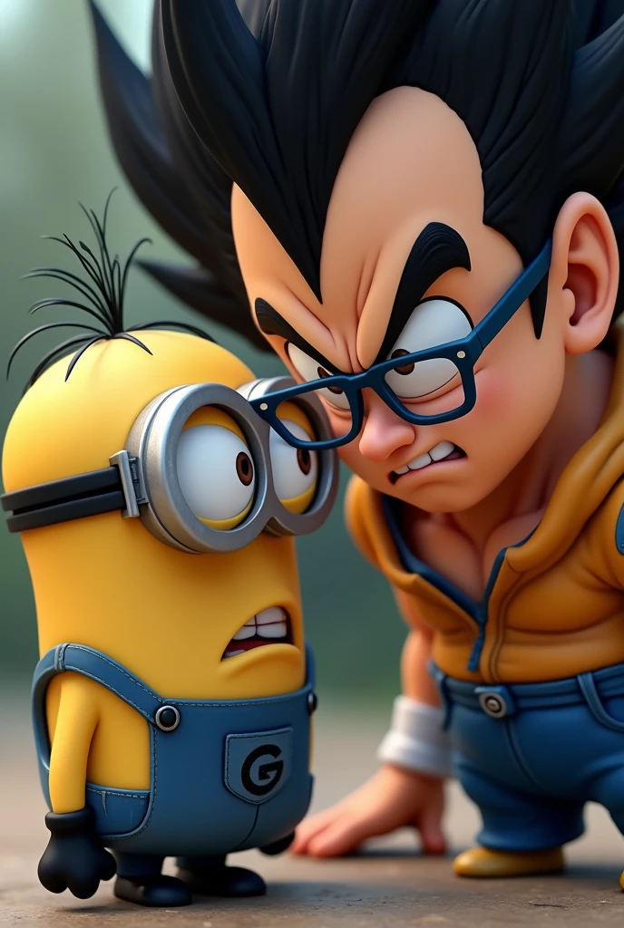 Angry Vegeta wearing glasses is talking to a Minion. He's confused because he sees them in different colors, but in the end, he finds the original Minion.