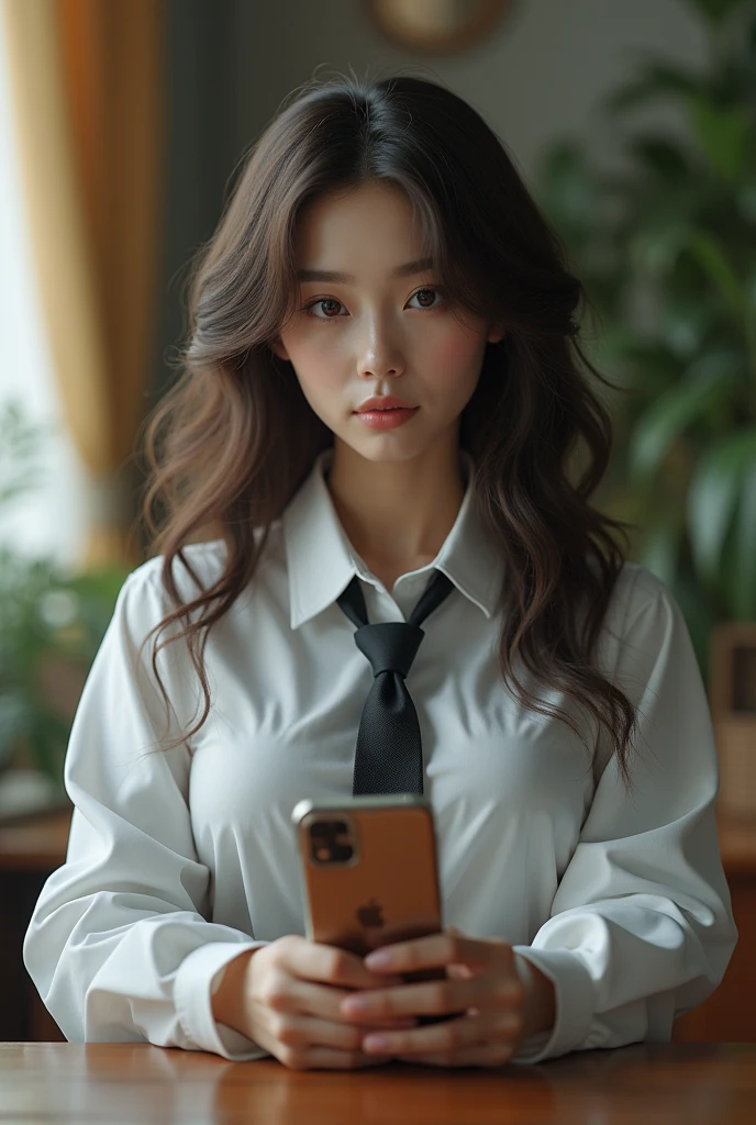 8k, Highest quality, live-action, Intricate details, Ultra-detailed, Ultra-high resolution, Depth Field,(Realistic,Realistic:1.2),Tabletop , Front shot , From the center ,
One Girl, AI big breasts_Chan, Very beautiful 1, Innocent big eyes,、Beautiful breasts:1.5、Ultra-detailed目:1.2)、(Beautiful breasts:1.1)、Wavy Hair、Curly Hair、Bans、, Perfect Skin, Fair skin, Huge breasts, Cleavage, Tight waist, A slight blush, alone, View your viewers, Light Smile,
((School_uniform), (White shirt、Wear a tie), (Grey pleated skirt),
(Sculpture Pose :1.1) , Taking a picture with a cell phone in front of a mirror