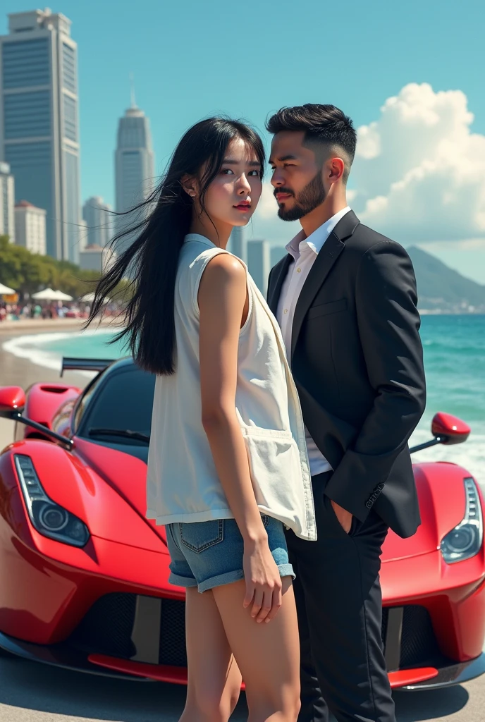 "A Korean girl with long black hair, Wearing a pure white transparent fishing vest and denim shorts, Standing in a bustling seaside city. The scene is in ridiculously high resolution, Super sharp details, With stunning 8K picture quality. The art is a true masterpiece, Show the Korean girl looking directly at the man, Behind her is a stunning red supercar." 1 men, stark, muscular and tall,Youngh, shaved beard cut hair, in a suit by your side