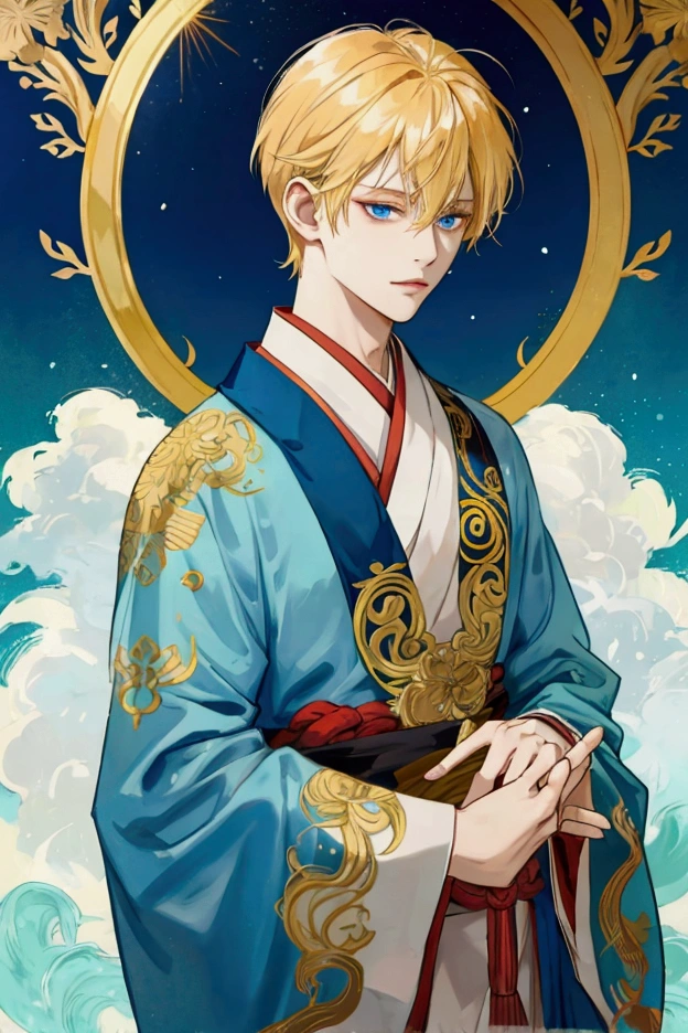 tao, Golden hair, sea blue eyes, short hairs, Imperial Robe, friendly, Anime Style
