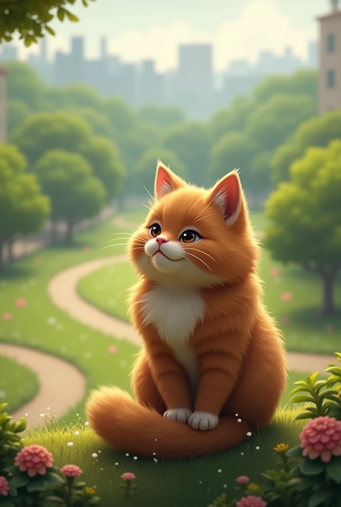 A fluffy brown cat、Looking out over the park with a curious expression。