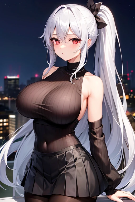 Big Breasts、French Ponytail、Silver Hair、night、Black vertical knit、No sleeve、Black pleated skirt、Black Pantyhose、Red Eye、Long, slender legs、Emphasize the chest、garden、outside、High resolution、masterpiece、Highest quality、High-resolution model