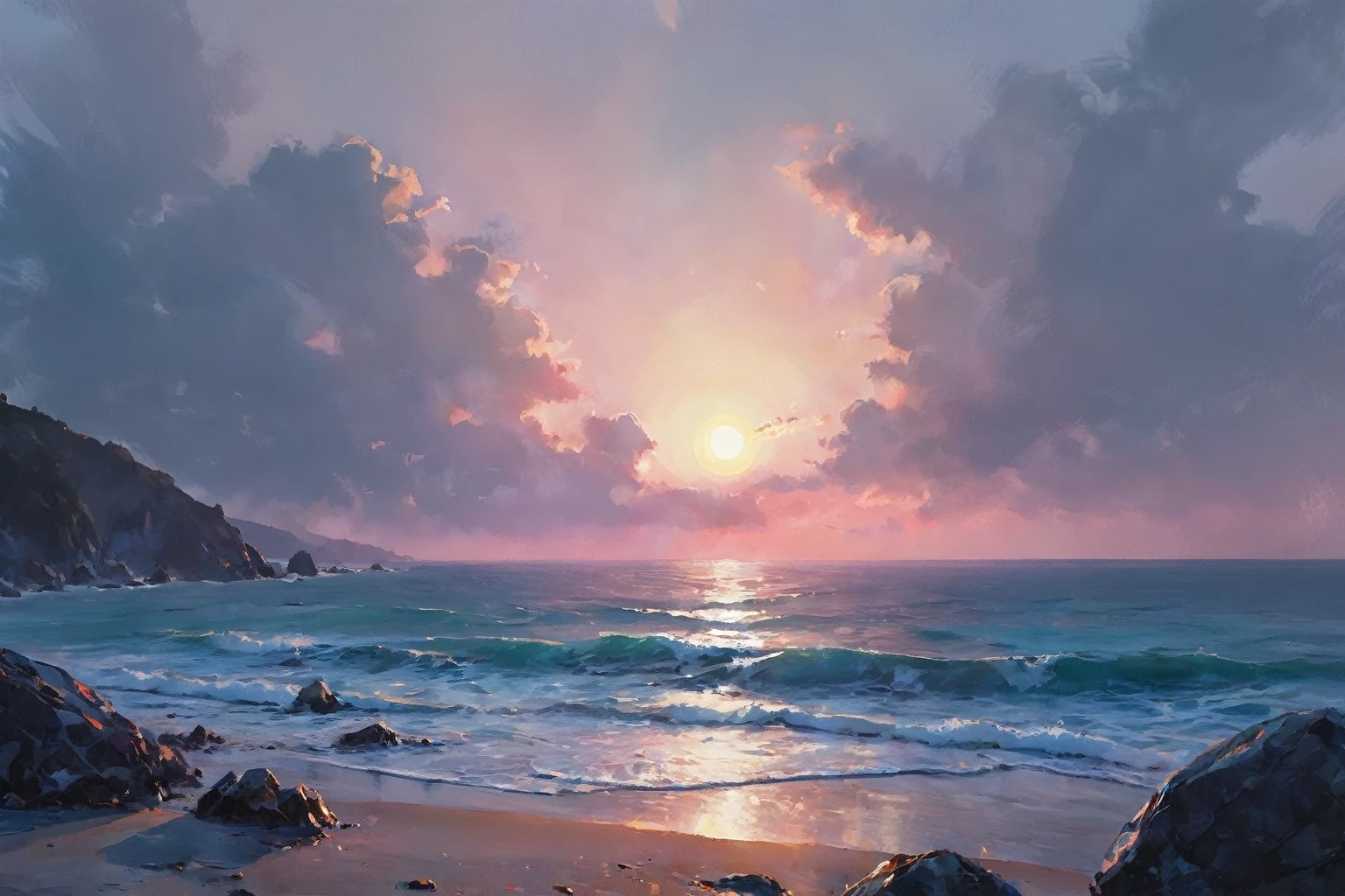 a sunset over the ocean with rocks and a beach, abstract painting, inkpunk, broad brush stroke, smeared patterns, vibrant colors, random dripping paint, splashes, graphic portrait, best quality, 8k, highres, masterpiece, ultra-detailed, realistic, photo-realistic, HDR, UHD, studio lighting, ultra-fine painting, sharp focus, physically-based rendering, extreme detail description, professional, vivid colors, bokeh