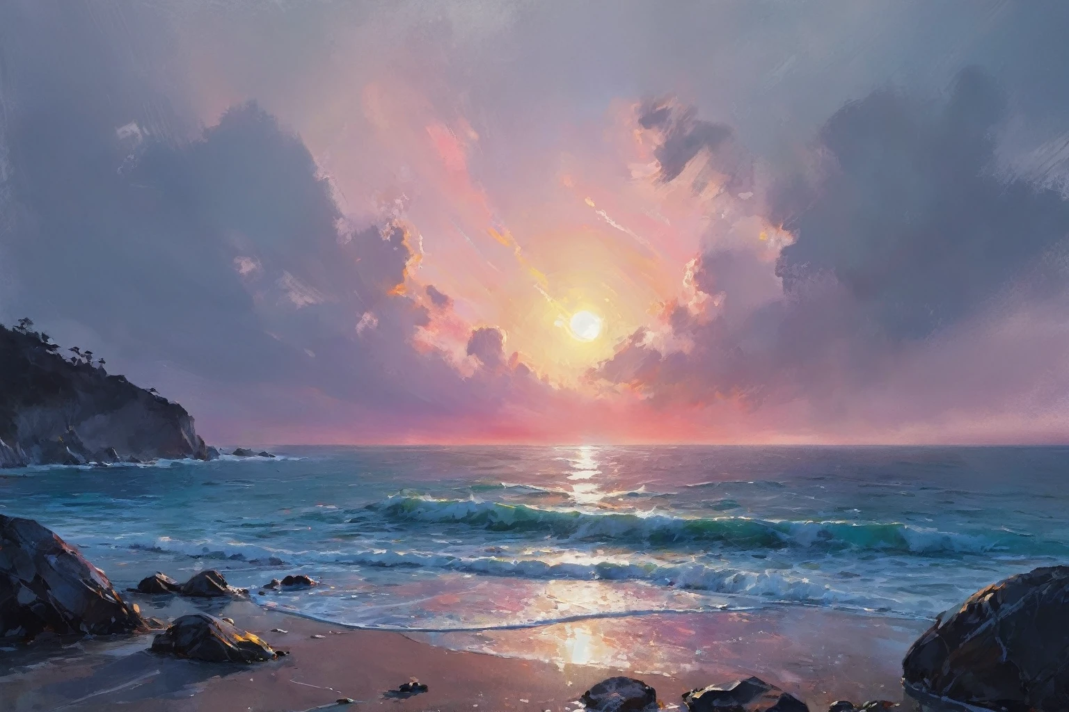 a sunset over the ocean with rocks and a beach, abstract painting, inkpunk, broad brush stroke, smeared patterns, vibrant colors, random dripping paint, splashes, graphic portrait, best quality, 8k, highres, masterpiece, ultra-detailed, realistic, photo-realistic, HDR, UHD, studio lighting, ultra-fine painting, sharp focus, physically-based rendering, extreme detail description, professional, vivid colors, bokeh