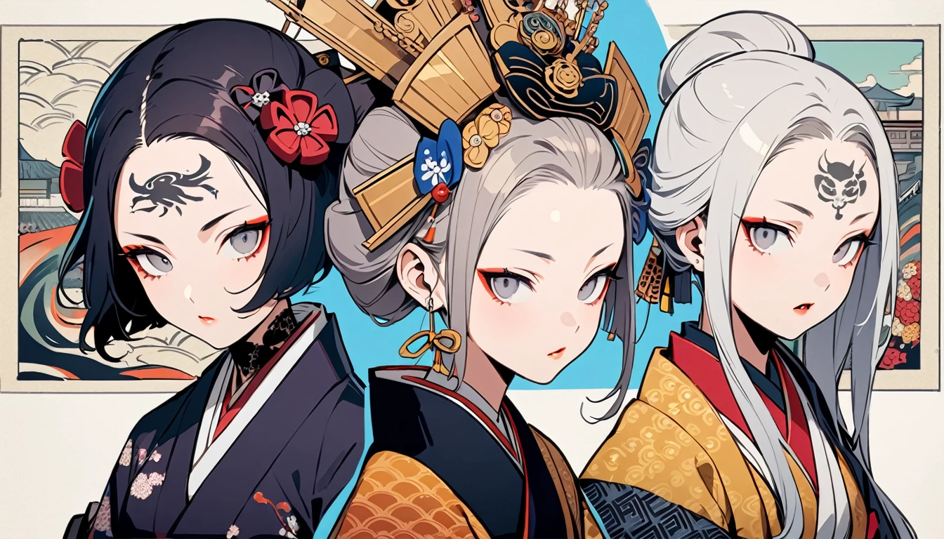 Ink painting, (((1 Ninja Girl))), (((Tattoo in the middle of the forehead))), (((Oiran))), (((Great hair accessories))), Demon possession, (((Grey eyes with engraving inside))),Face up close, Japanese beauty, White hair, Sensitive and precise, Modern Pirate Style, Highest quality, katsushika hokusai, (((Elements of horror))), beautiful girl, Sensitive and precise, Modern Ukiyo-e style, Cyberpunk city,