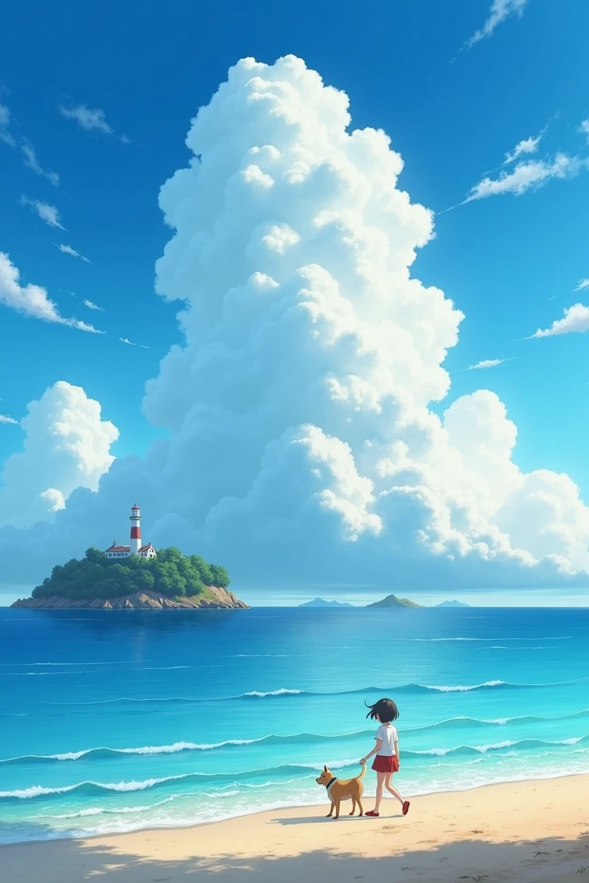 A beautiful sunny sky and magnificent clouds、Clear sea、A small lighthouse in the distance、A girl and her dog walking along the coastline、A Shinkai Makoto style design