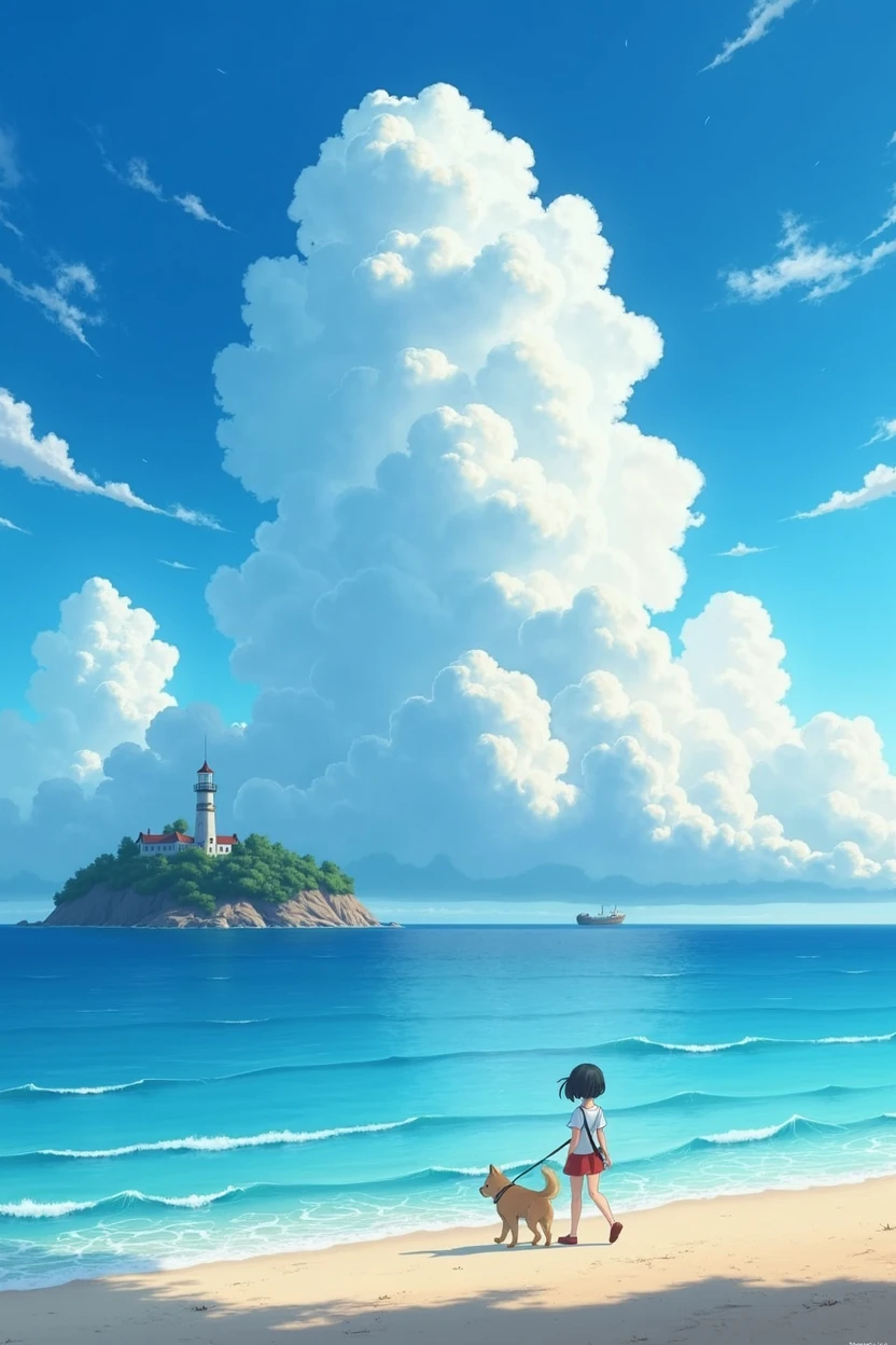 A beautiful sunny sky and magnificent clouds、Clear sea、A small lighthouse in the distance、A girl and her dog walking along the coastline、A Shinkai Makoto style design