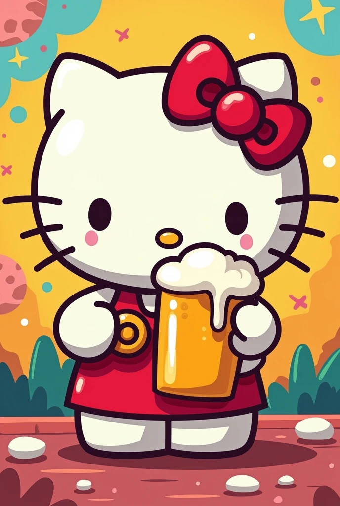 Hello Kitty enjoying a cartoon-style beer
