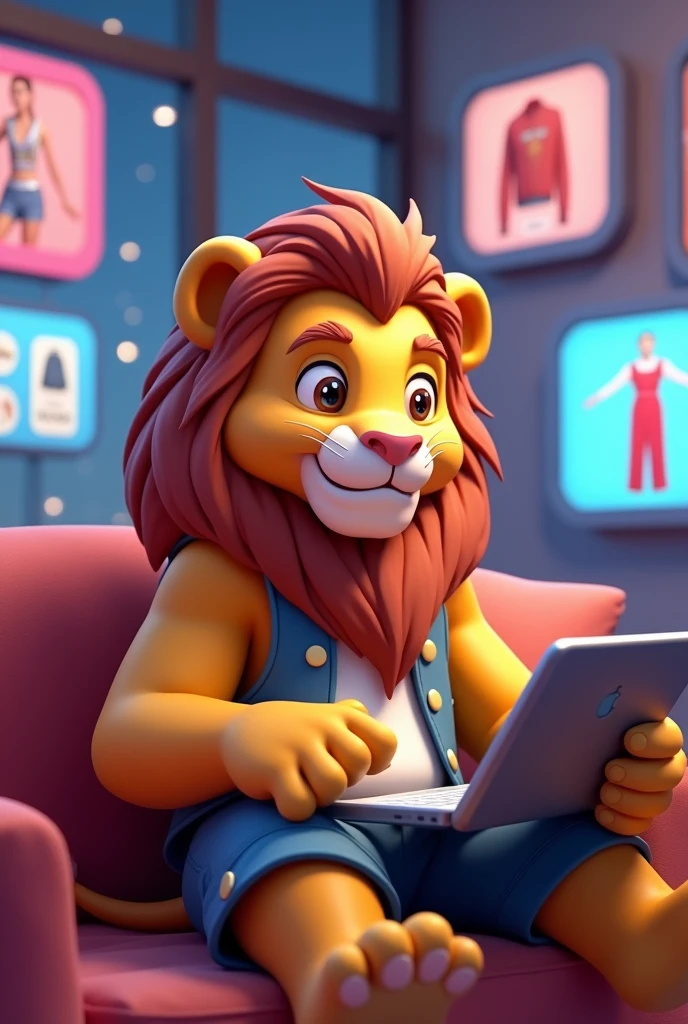 An animated lion buys clothes online