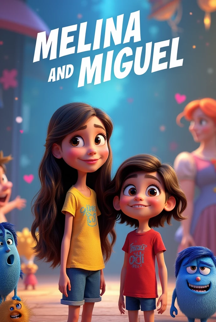 a 5-year-old Brazilian girl, Light brown eyes, very long hair to the waist, slightly wavy light brown, white skin and a teenager, 13 year old, skin fair, light brown hair, wearing dental braces, eyes browns, with text "MELINA AND MIGUEL ", with the background featuring the characters from the movie Inside Out 2, Pixar-style birthday invitation