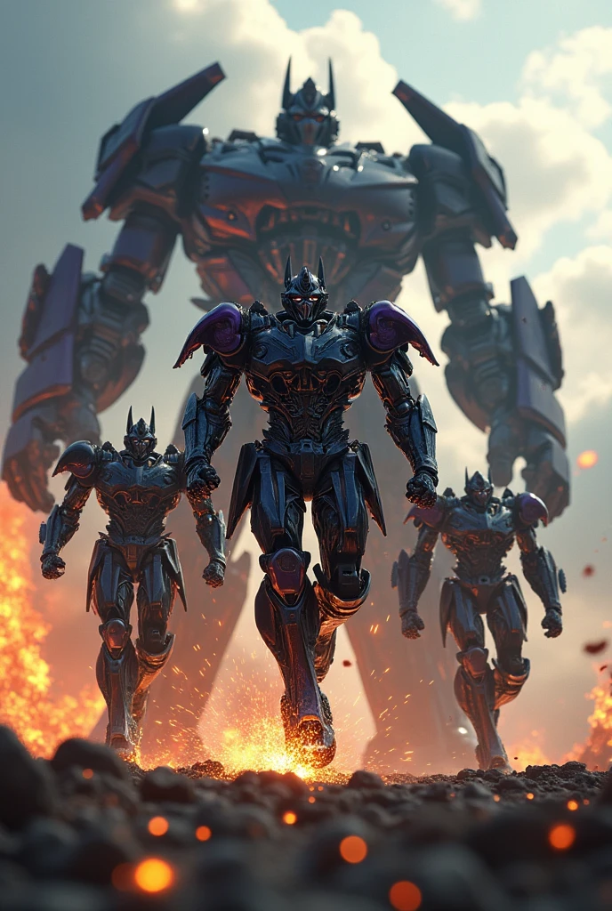 . unicrn. galvatron. megatron dark purple armor. Medival concept. hotrod . Iron man Samurai Optimus Prime, robot warrior, leaping against dark cloudy sky, intense battle background,hulk buster dynamic explosion effects, cinematic lighting, highly detailed, 8K, (best quality,4k,8k,highres,masterpiece:1.2),ultra-detailed,(realistic,photorealistic,photo-realistic:1.37),epic action scene,dramatic pose,intricate mechanical design,glowing energy,sparks,dust,devastation,cinematic angle,dramatic lighting