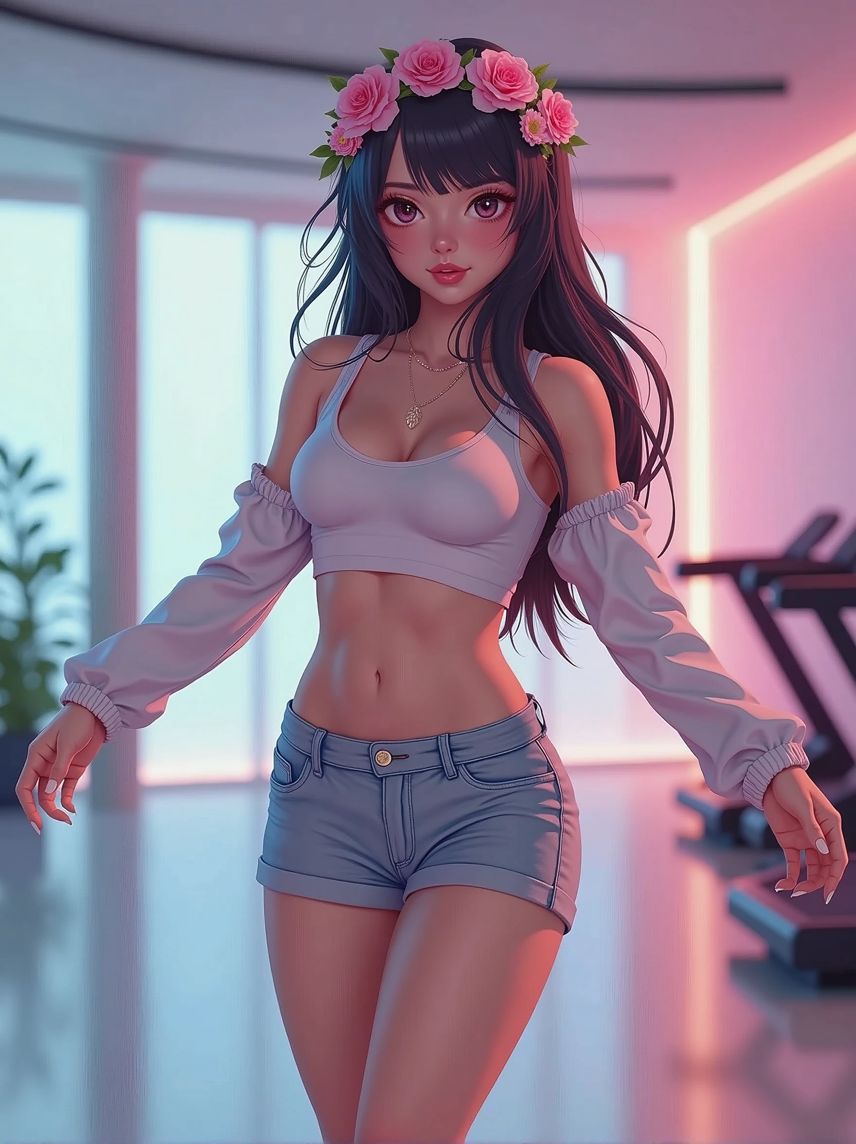 A pretty girl, 1 girl, doing aerobic exercises, in a morden exercise room,  wearing beautiful casual clothes, curve body, pretty eyes, niji anime version, fantasy, pretty face, long hair, flowers headband, highest quality, 8k,