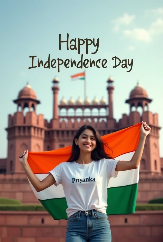 A real 24 years old girl, Wearing White T shirt blue jeans sneakers and the name "Priyanka" is written on his t-shirt and the boy is standing on the road with holding a national flag of India, and behind him is the Red Fort Delhi. And written on sky "Independence Day" Create Realistic image high qua