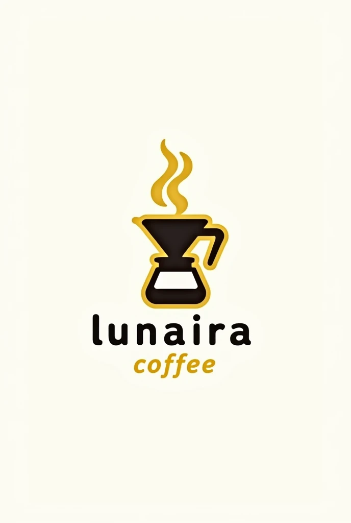 filter coffee flat bottom, dripper, steam, logo, dripper,  only dripper, coffee shop logo, yellow outline only, logo, coffee shop logo, white background, with text "( lunaira coffee )"