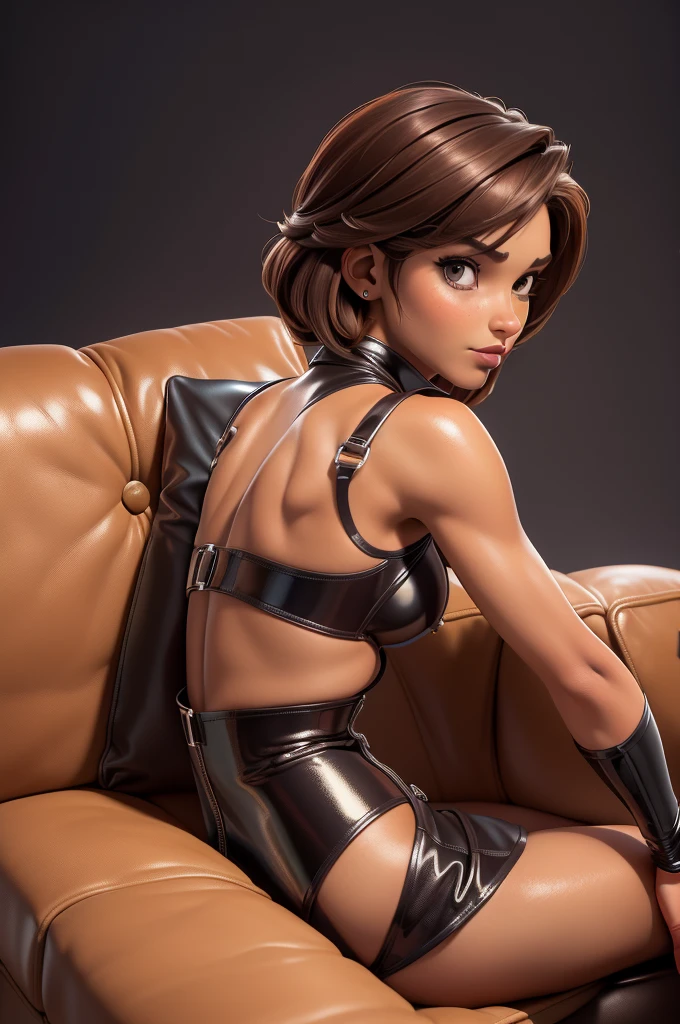 obra prima, melhor qualidade, ((only one woman,)) ((kristi noem, dark tan skin, dark brown bob hair)) looking over shoulder at me, ((wearing metallic dark orange pvc minidress,)) ((wearing coarse grain leather blazer jacket, jacket has padded shoulders, jacket has stiff high collar,)) (((cone tits, shiny leather bra, erect nipples under leather,))) body is very skinny, ((leaning on couch cushion, arched back,)) ((extreme closeup view, back view of shoulders and body,)) shallow depth of field, highres, HD, 8k, anatomically correct