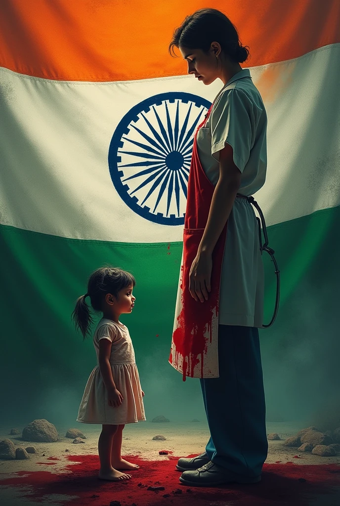 In image please include Indian flag
Doctor's apron with blood and helpless girl in dark
