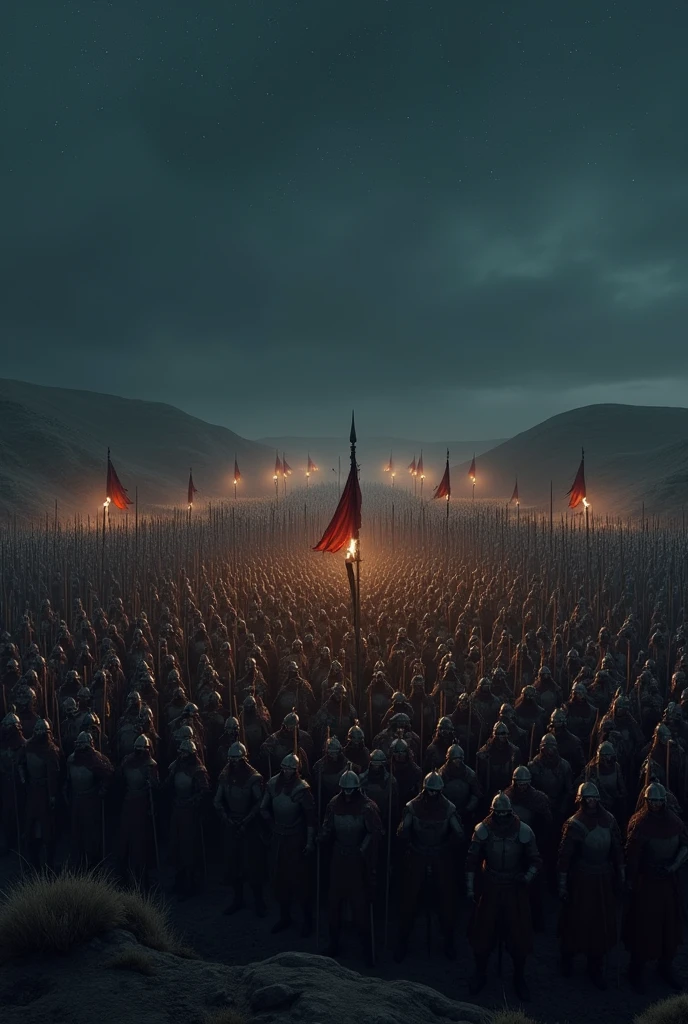 Make 185,000 medieval soldiers in an open environment. Make the environment dark and night.