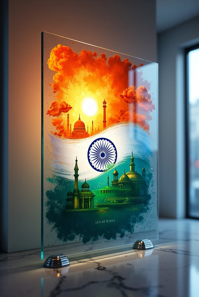 Create me a graphic design on glass sheet with different colours for business of 15 August independence day 

