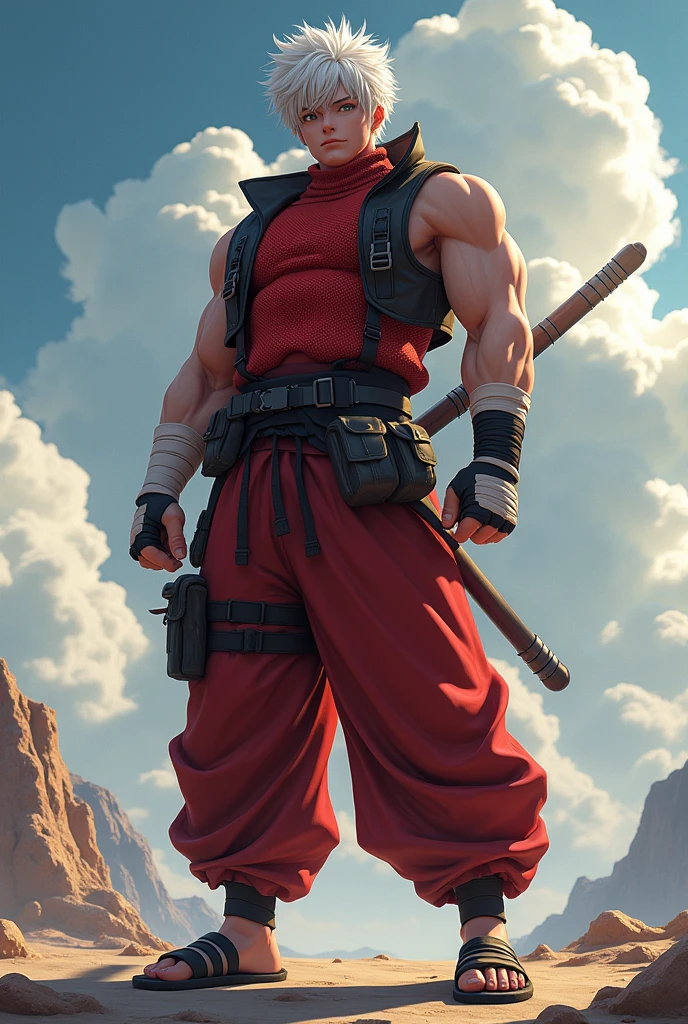 a dynamic illustration of Munashi Kurotani, a young yet physically imposing 15-year-old character standing at 203 cm with a muscular build. He has pure white hair and eyes. Munashi is dressed in a tight-fitting, deep red shirt made from special mesh fabric with a high collar and no sleeves, paired with matching red, slightly loose combat pants. He wears dark-colored ninja sandals. Over his shirt, he dons a rugged combat jacket. His right arm features a bandaged hands, while both legs have hip-pouches with additional bandages wrapped around them. Capture him in a reflective or intense training pose, emphasizing his immense physical strength. The overall mood should convey his formidable presence, masterpiece, best quality, high quality, extremely detailed 8k CG unit wallpaper, depth of field, HDR, photorealistic, extremely detailed, intricate, high detail, sun reflecting moon,