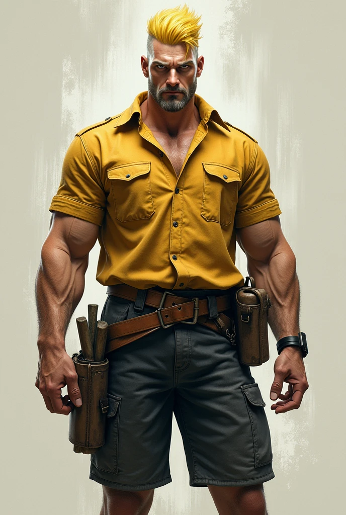 Pale-skinned male character, tall, yellow hair, black shorts, work shirt