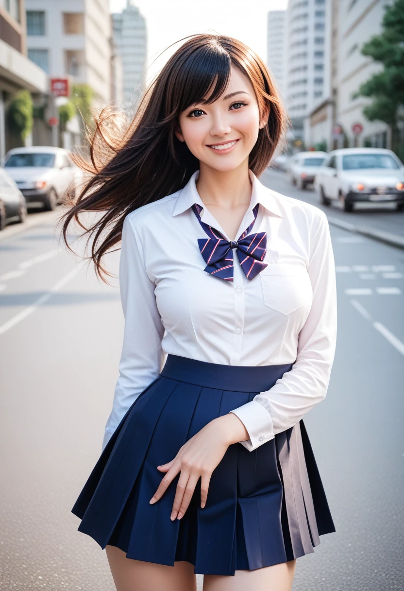 8k, raw photo, best quality, masterpiece, realistic, photo realistic, clear, professional lighting, beautiful face, best quality,ultra high res, realistic japanese beautiful, Super detailed, detailed fingers, solo, 1girl, swept bangs, floating hair, detailed hair, medium breasts, curvy, scenery, school uniform, city, half-smile