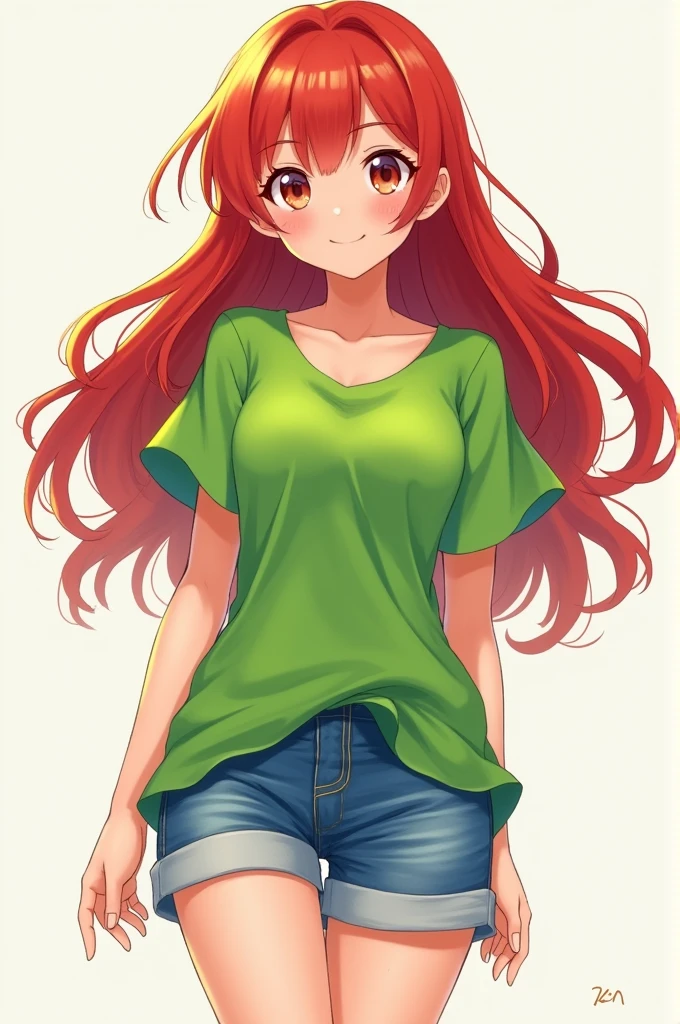 girly girl,LONG RED hair,bright green shirt,denim shorts,anime style