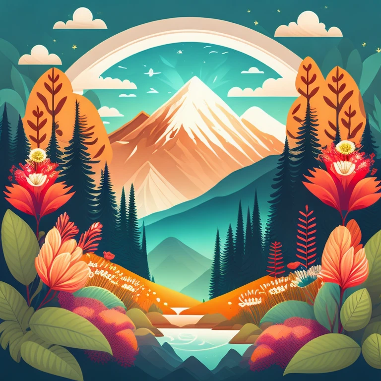 A forest in a summer landscape mountains and flowers, T-shirt design, midjourney, vector art,