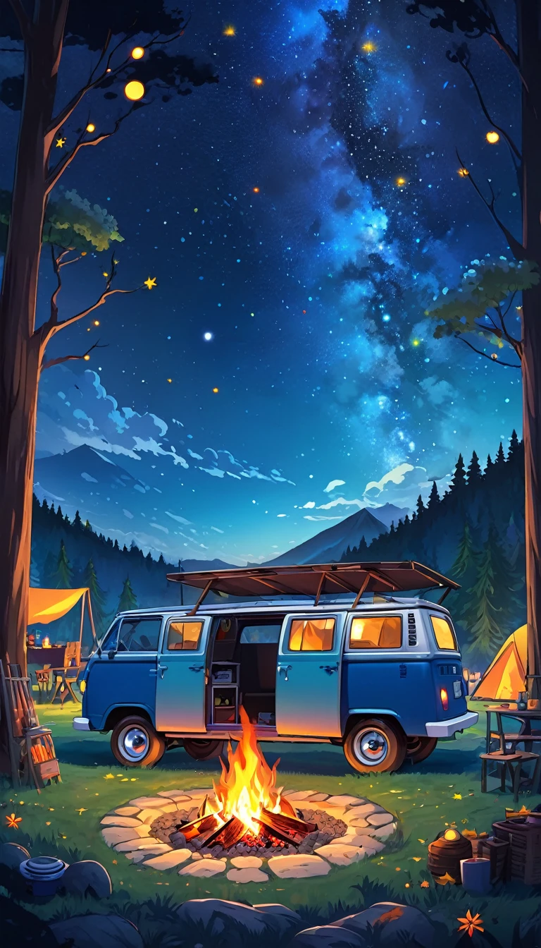 Draw a anime  style scene of dark blue van in the forest, fairy decoration, camp fire, BBQ, starry night, moutain background , forest, natta, beautiful color palette, vibrant saturated colors, work of art, cinematic cloudy sky, no human, dark night theme