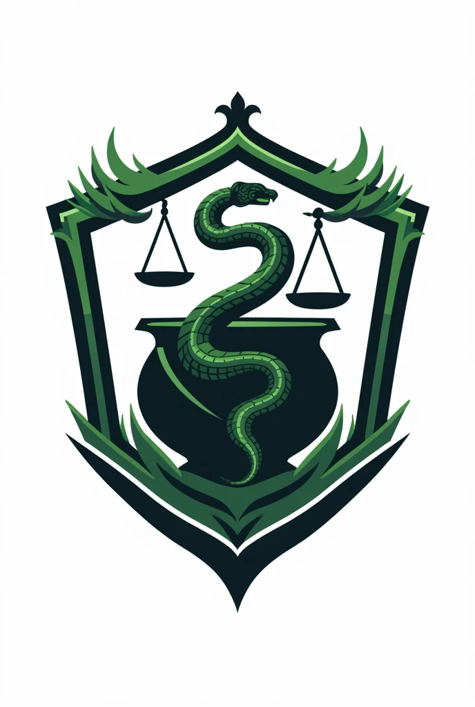 logo shield 2d for black team, white with green details, a snake and a cauldron and a scale