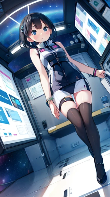 (Highest quality), (masterpiece), 1080P, High resolution, 4K, 8k, Inside the space station、Futuristic room、Thigh straps, Shooting from directly below, The woman on top of me, 白いSweat, Covered , Sweat, Woman looking down, Skirt swimsuit, Thigh-high socks, To achieve this, , , whole body, Black leather shoes, Braided hair, Inner Color, Embarrassed face, Short black hair, bracelet, Bedroom,celestial body_Vest
