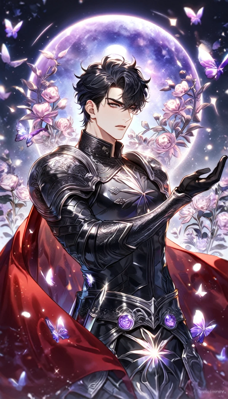absurdres, highres, ultra detailed, HDR) master piece, best quality, extremely detailed, delicated features, Yoo Joonghyuk, black hair, expressive gray eyes, Omniscient Reader's Viewpoint, solo, sexy man, handsome, sensual, red cape, black armor, knight, black gauntlets, fantasy, magical, glittering, shining, purple flames, purple moon, purple flowers, purple butterflies