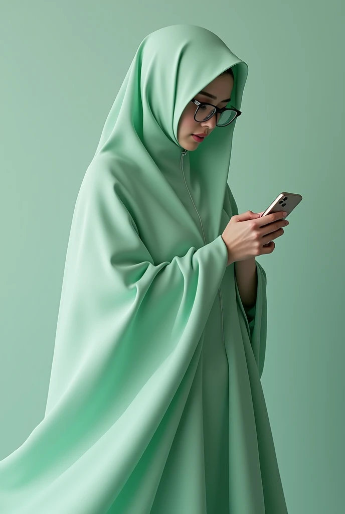 A girl is in a light green burqa, the whole burqa is spread out, wearing a burqa and holding an iPhone in her hand, and she is standing with glasses and is written in the style (Hafsawrits4).