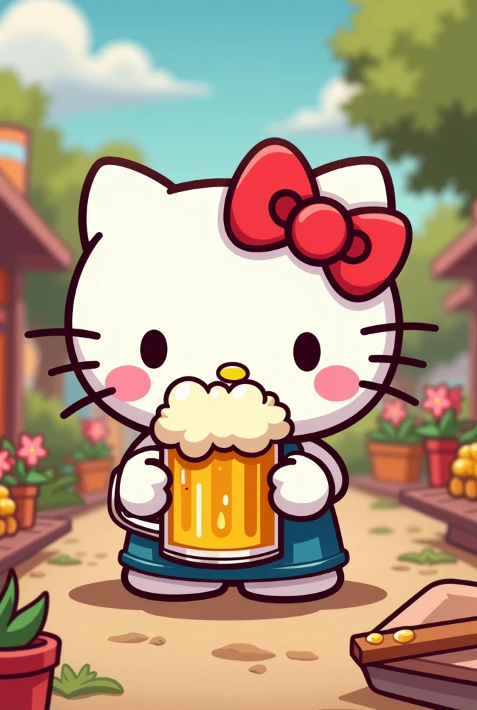 Hello Kitty enjoying a cartoon-style beer
