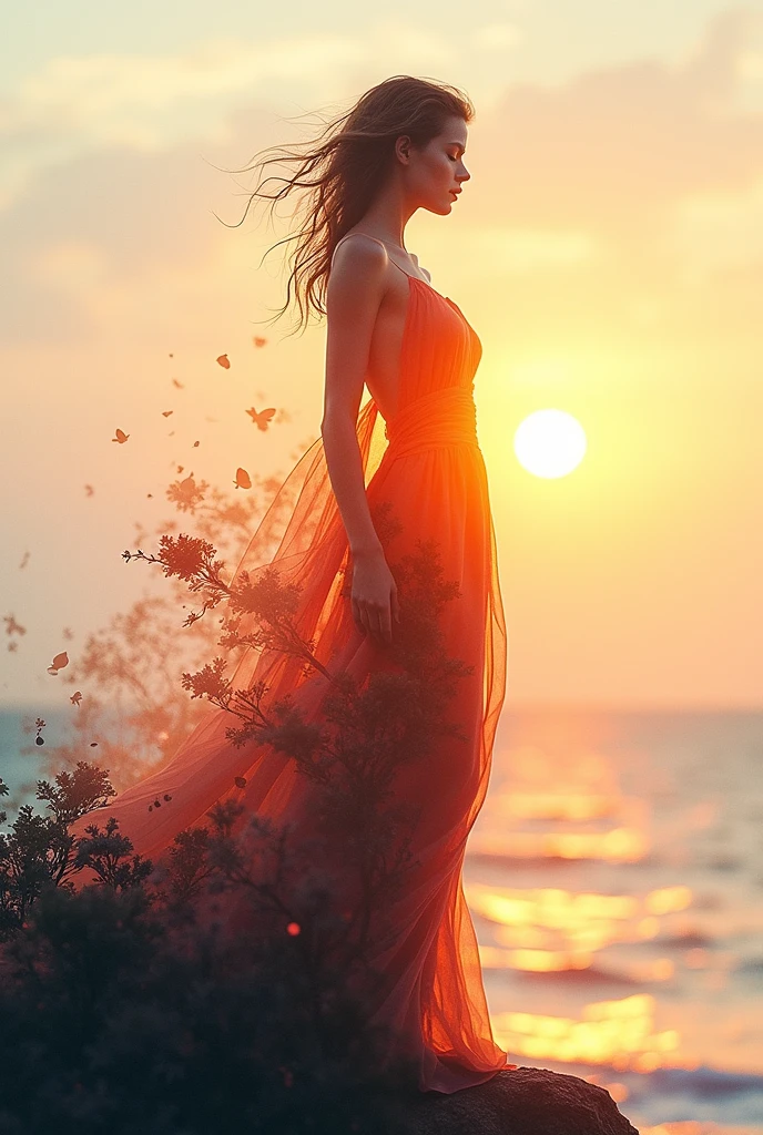 high quality, 8K Ultra HD, A beautiful double exposure that combines an goddess silhouette with sunset coast, sunset coast should serve as the underlying backdrop, with its details incorporated into the goddess , crisp lines, The background is monochrome, sharp focus, double exposure, by yukisakura, awesome full color,