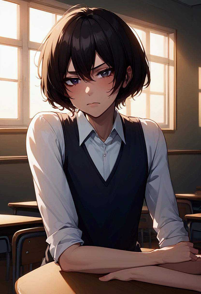 teenage man, short hair, with dark circles under his eyes and seemingly tired, with a look of sadness, inside a classroom