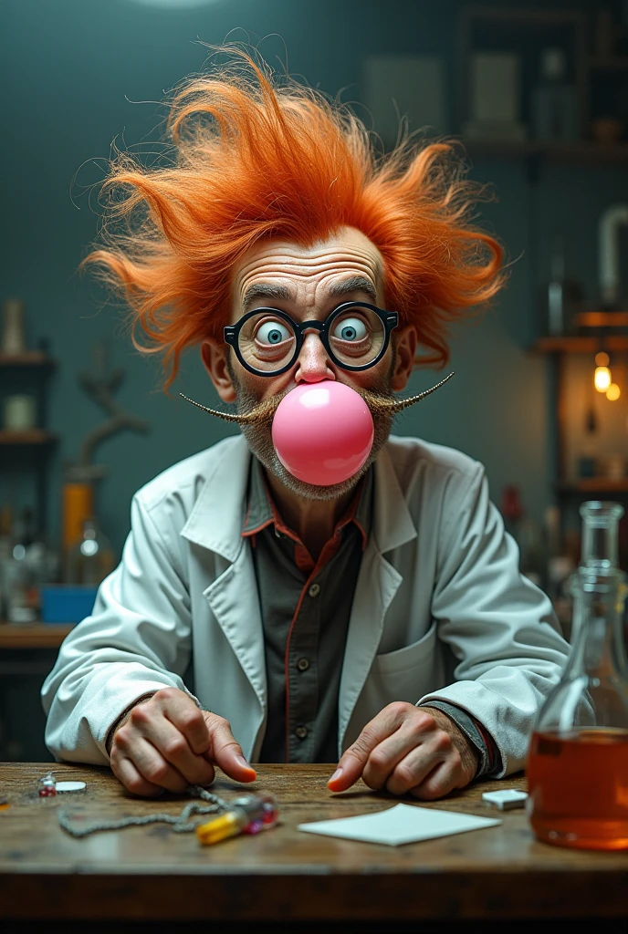 Create an image of a mad scientist with red, spiky hair wearing round glasses that cover his eye, a white lab coat, and a pink bubblegum in his mouth.