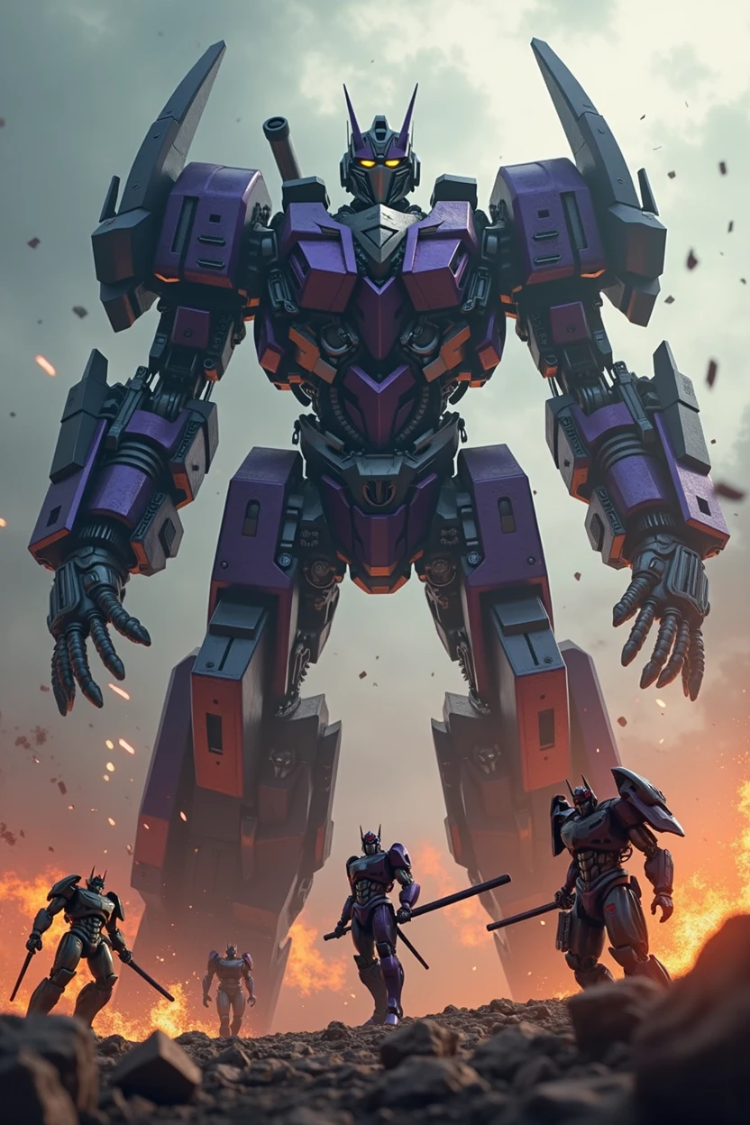 . unicrn. galvatron. megatron dark purple armor. Medival concept. hotrod . Iron man Samurai Optimus Prime, robot warrior, leaping against dark cloudy sky, intense battle background,hulk buster dynamic explosion effects, cinematic lighting, highly detailed, 8K, (best quality,4k,8k,highres,masterpiece:1.2),ultra-detailed,(realistic,photorealistic,photo-realistic:1.37),epic action scene,dramatic pose,intricate mechanical design,glowing energy,sparks,dust,devastation,cinematic angle,dramatic lighting