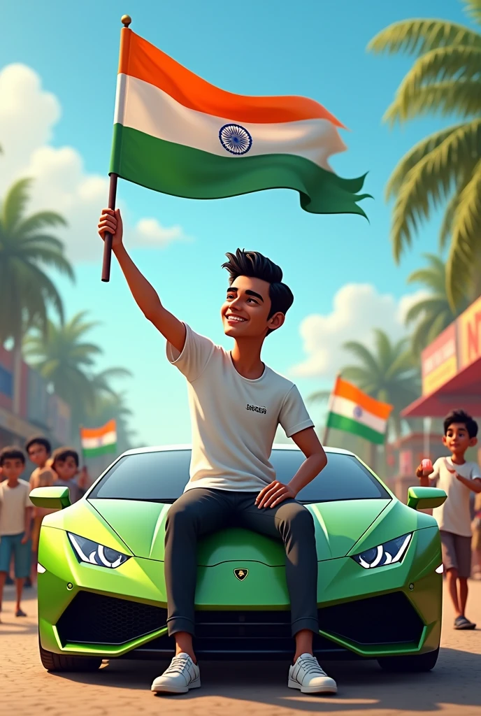 realistic Indian 19 year old boy sitting on Lamborghini car Holding Indian flag and celebrating India festival happy independence day with background of blue sky in Indian Street boy wearing pant, white t-shirt with name”SHIVAM”style hair on it by the way childrens are holding Indian flag playing round, smart, shoes, some children also playing, and someuncles drinking tea at a shop. also a text written “Happy independence day”at top, 3D art painting real photo wit high resol
