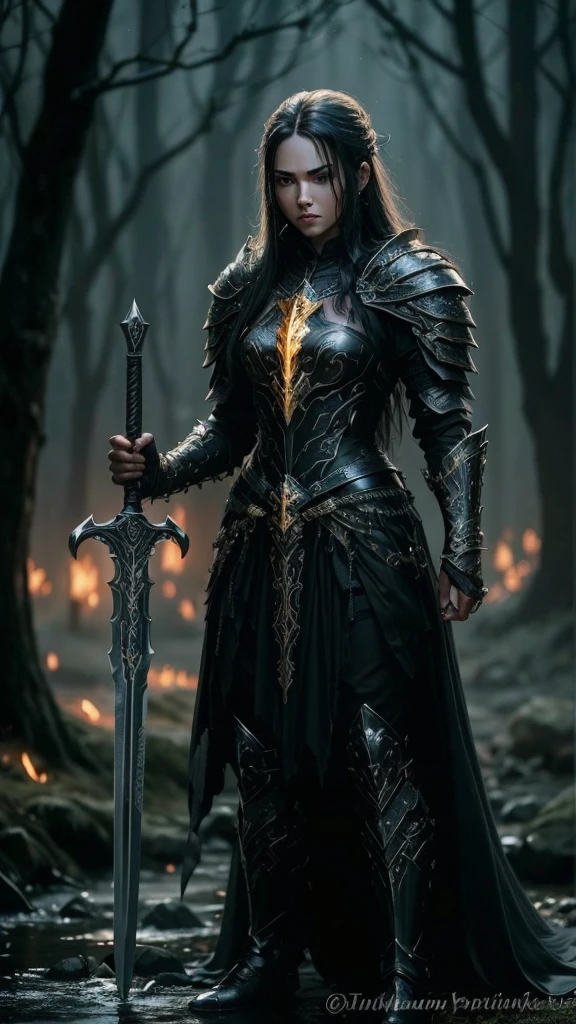 A black warrior with long black hair and black eyes. She wears black and gold armor and wields a sword with a red gemstone embedded in the hilt.