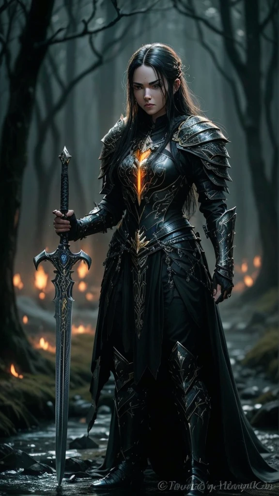 A black warrior with long black hair and black eyes. She wears black and gold armor and wields a sword with a red gemstone embedded in the hilt.